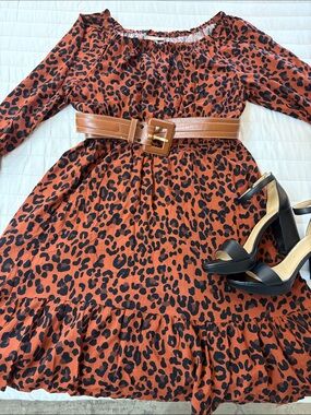 Knox Rose Rust Brown Leopard Print Smocked-Waist Dress